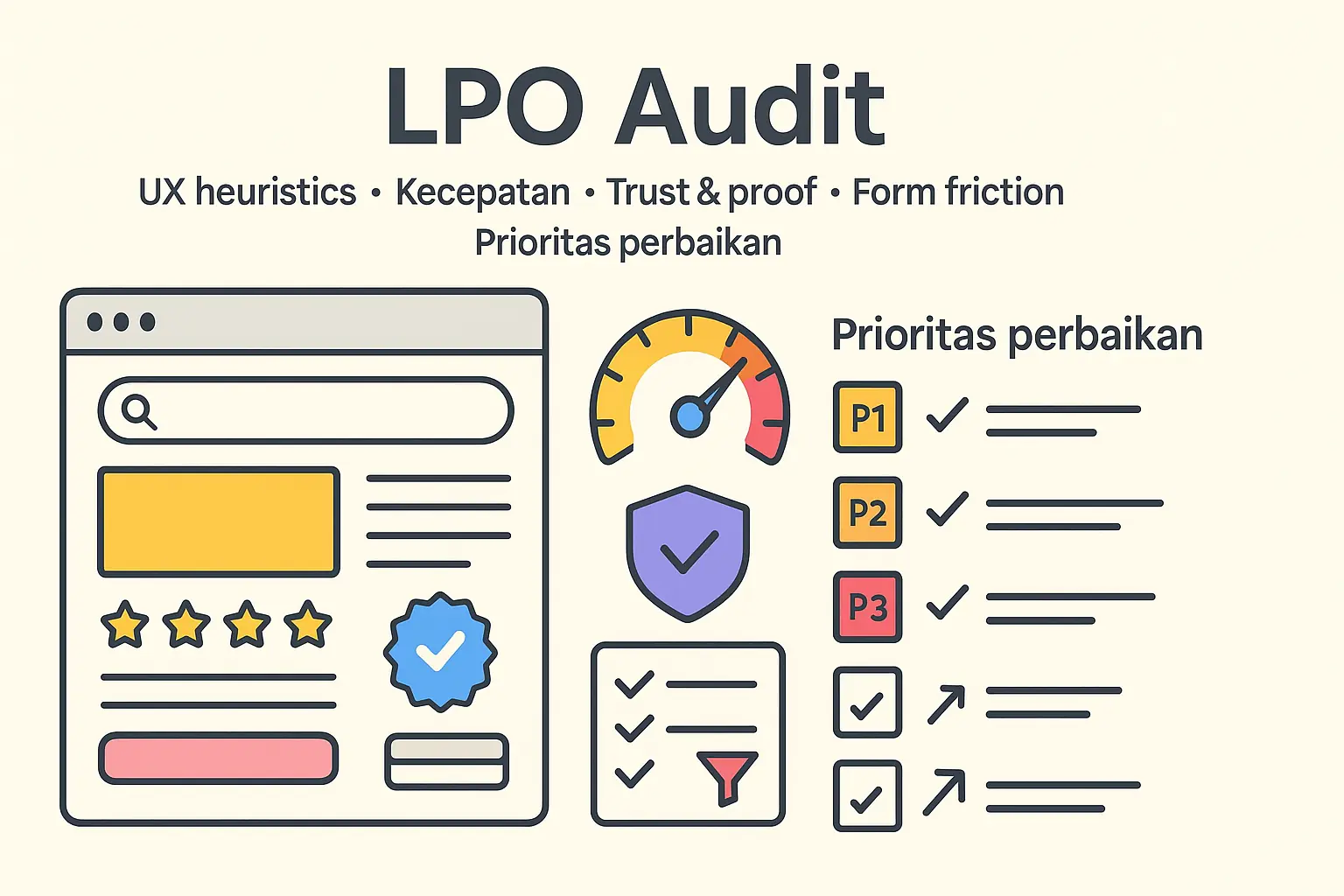 Cover layanan audit landing page dengan ilustrasi review halaman dan checklist UX/CRO