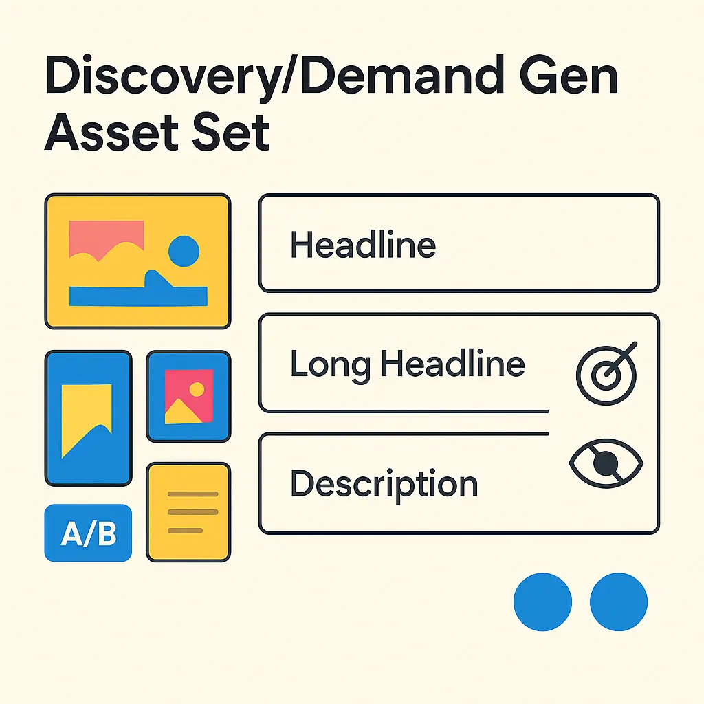 Cover layanan desain asset Discovery dan Demand Gen dengan ilustrasi card kreatif