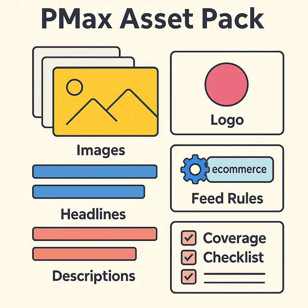 Cover layanan desain asset Performance Max dengan ilustrasi kombinasi gambar dan teks