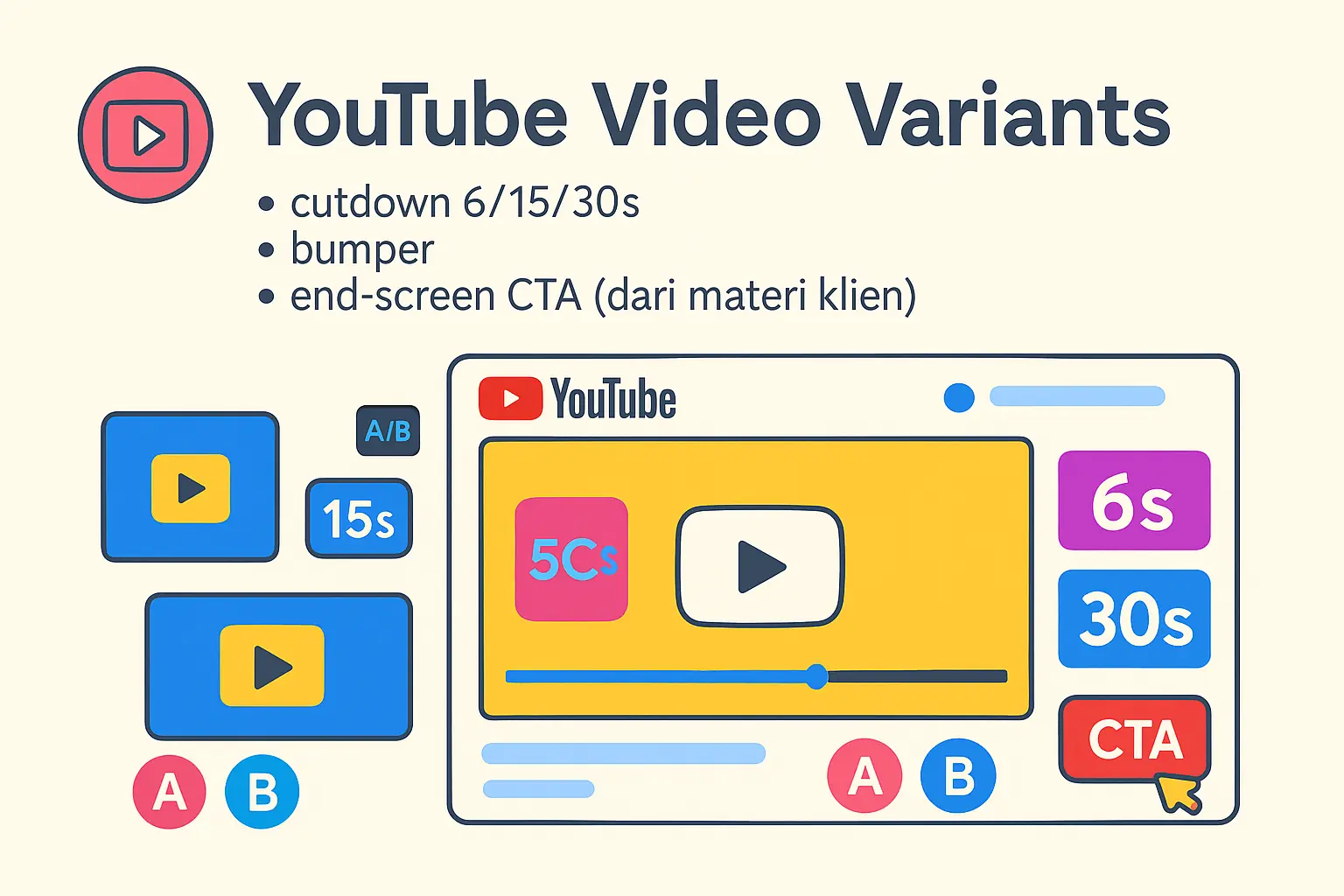 Cover layanan editing video iklan YouTube dengan ilustrasi timeline editing dan preview video
