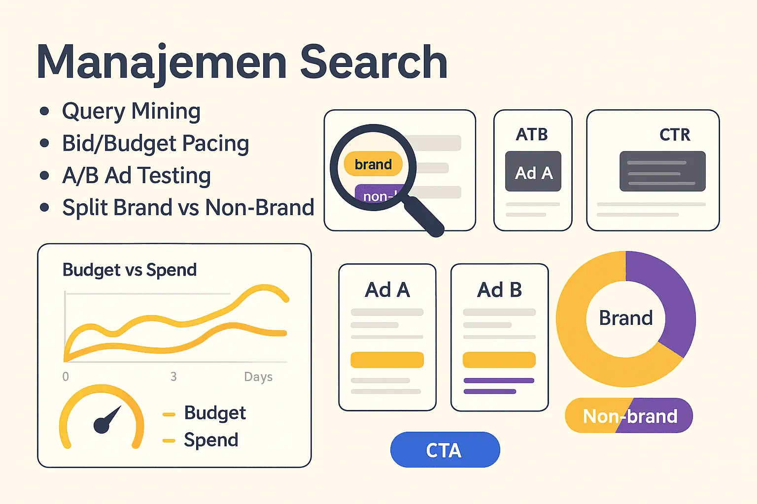 Cover layanan Jasa Kelola Search Google Ads dengan ilustrasi optimasi campaign berkelanjutan