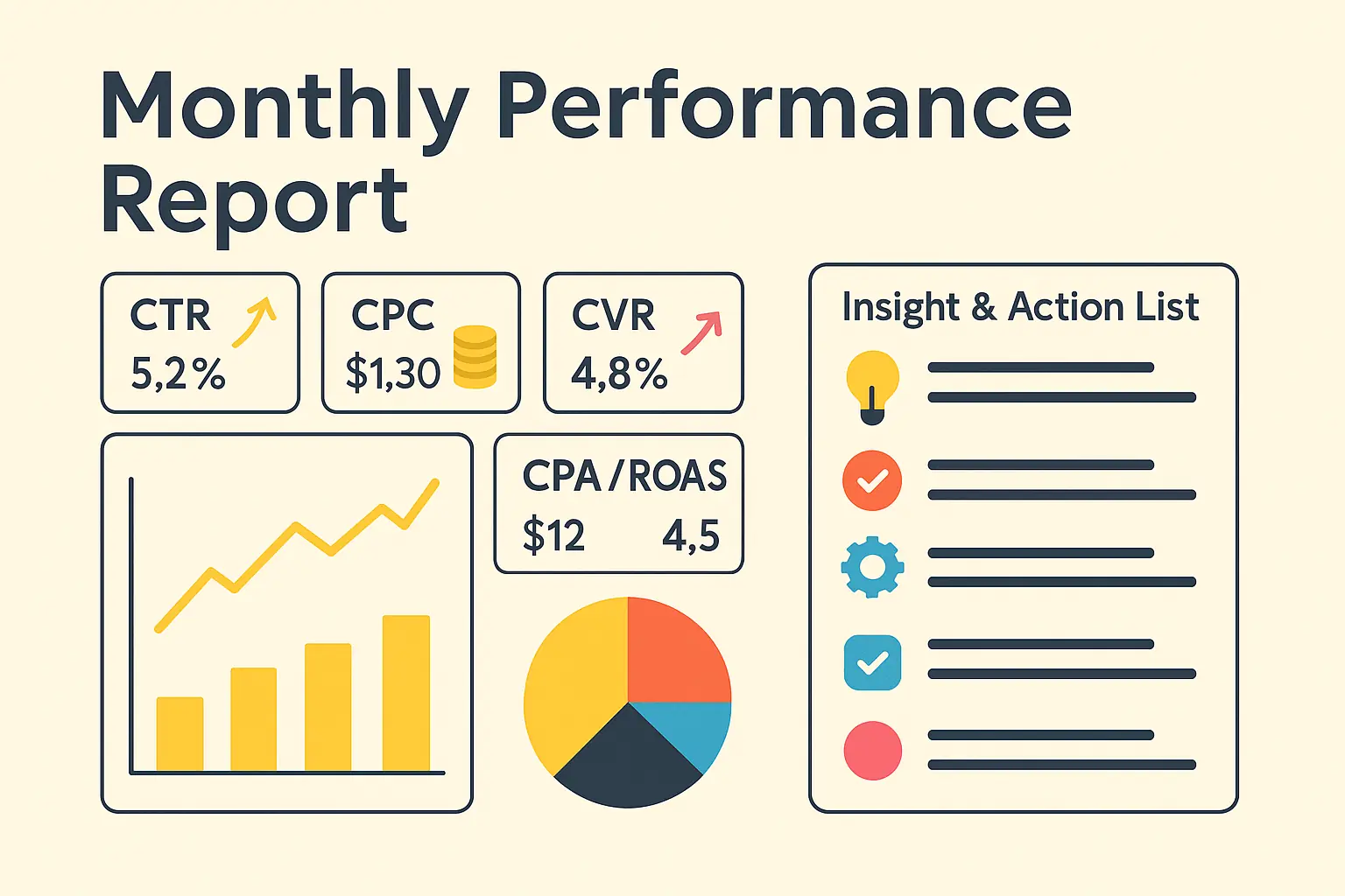Cover layanan laporan performa iklan bulanan dengan ilustrasi dashboard dan grafik ringkasan