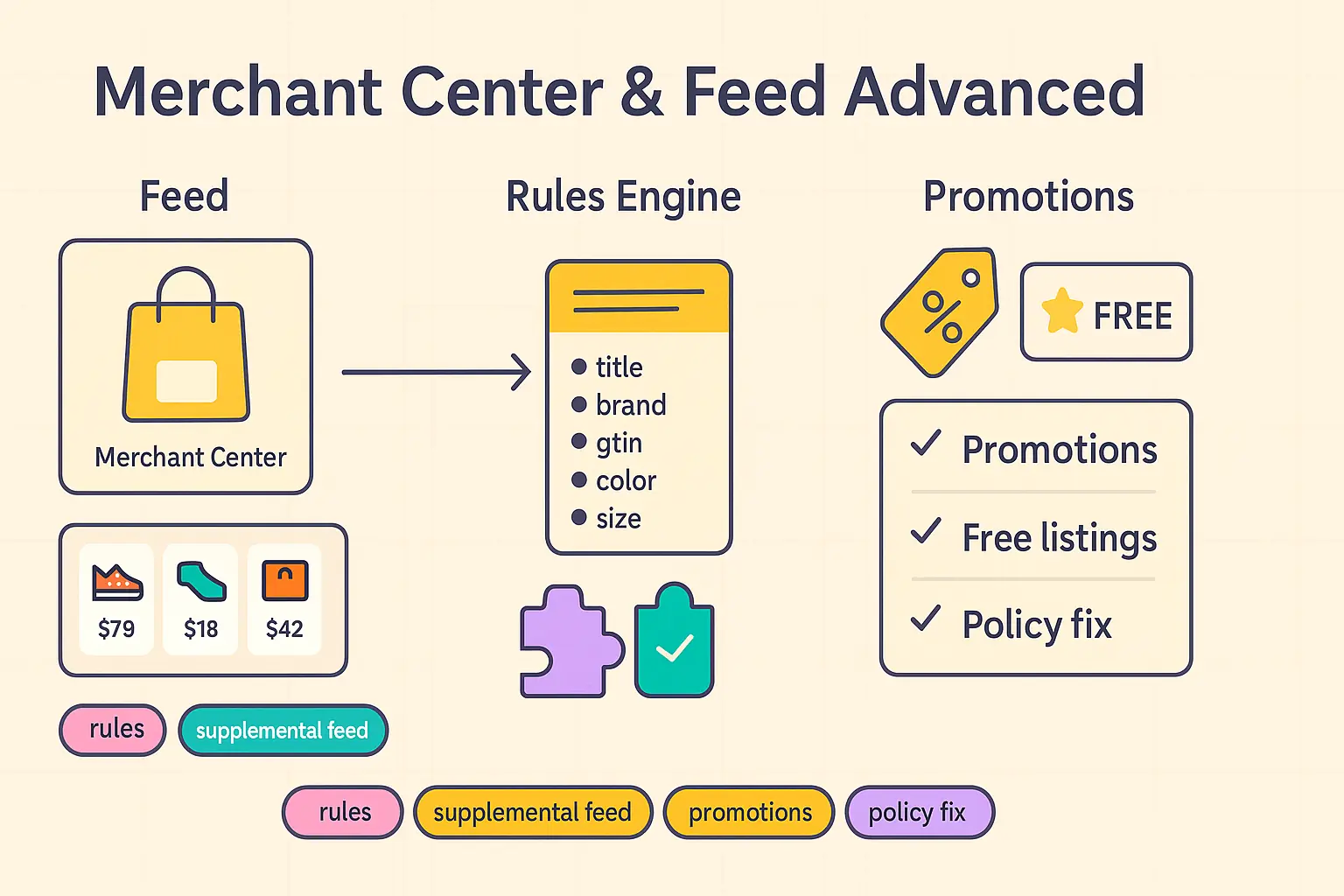 Cover layanan optimasi Google Merchant Center dengan ilustrasi katalog produk dan feed