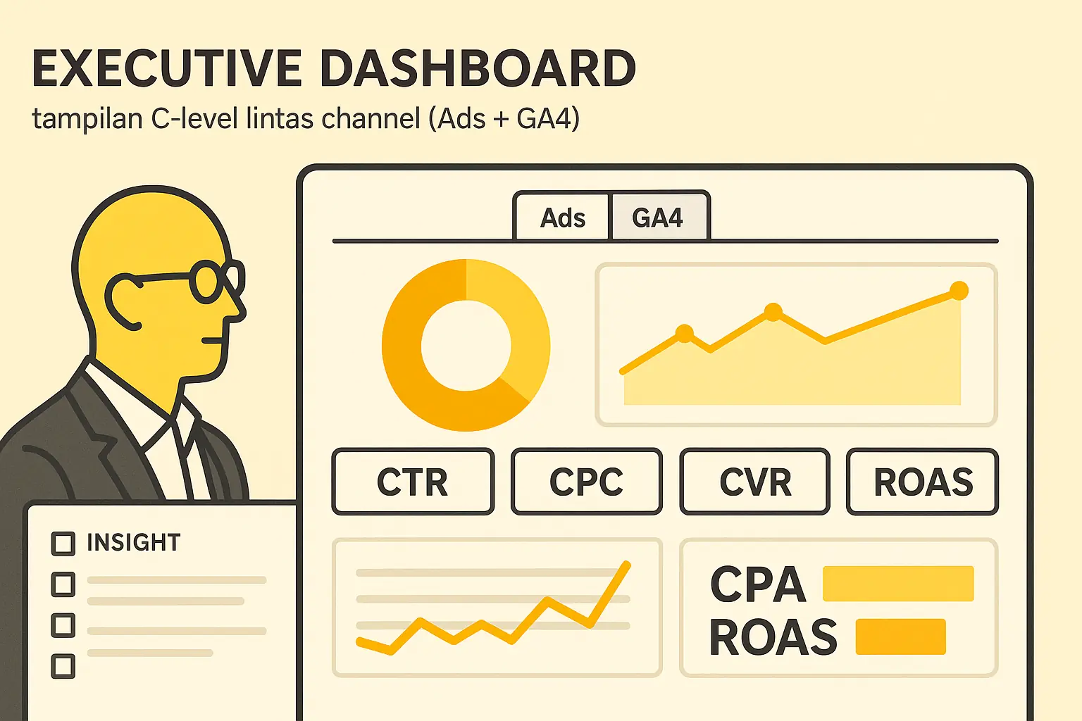 Cover layanan pembuatan dashboard Looker Studio dengan ilustrasi tampilan report terintegrasi