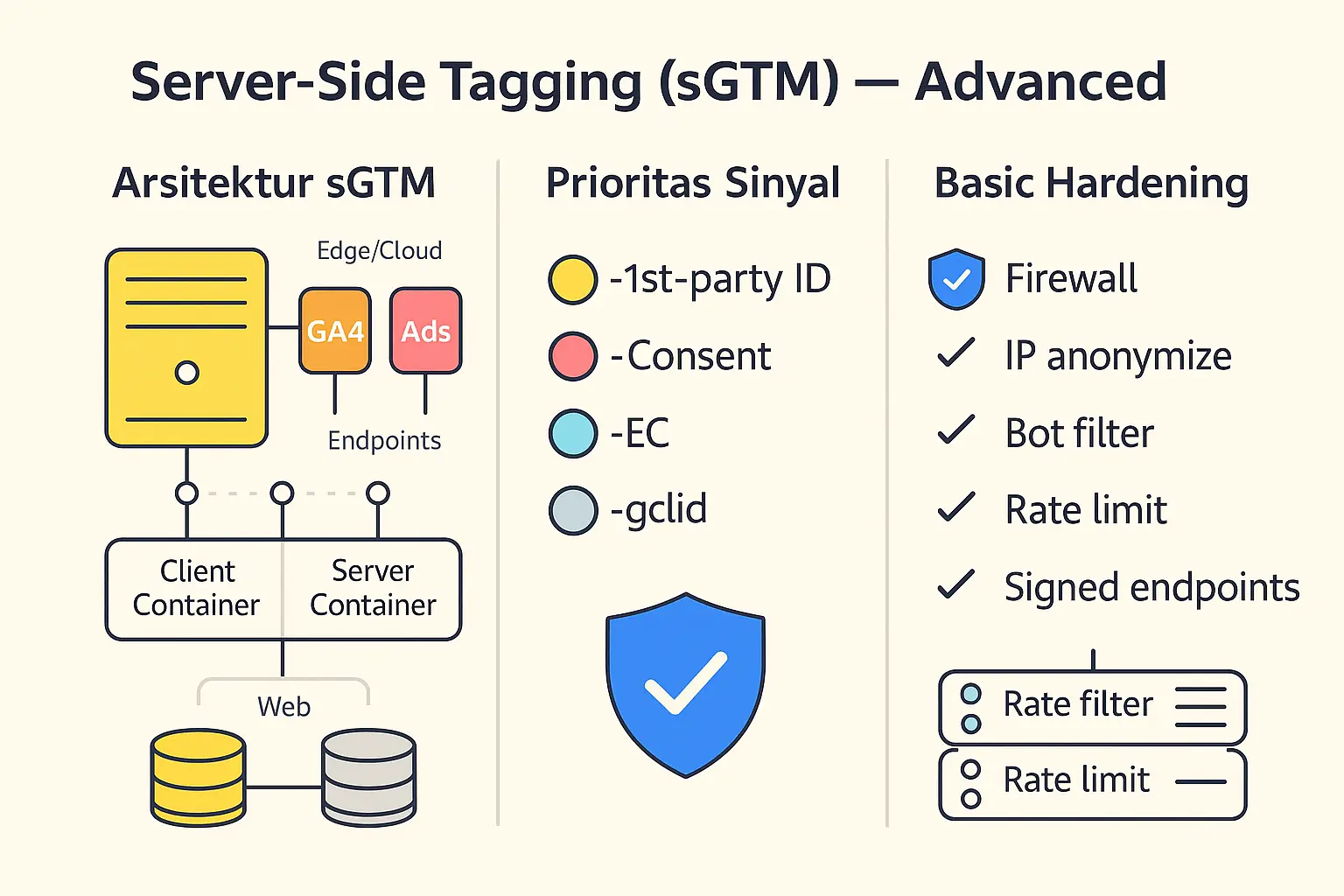 Cover layanan server-side tagging dengan SGTM dengan ilustrasi server dan alur data