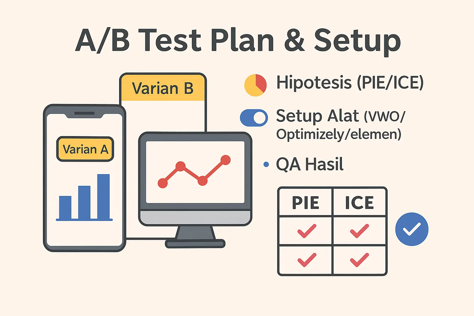 Cover layanan setup A/B test landing page dengan ilustrasi dua variasi halaman