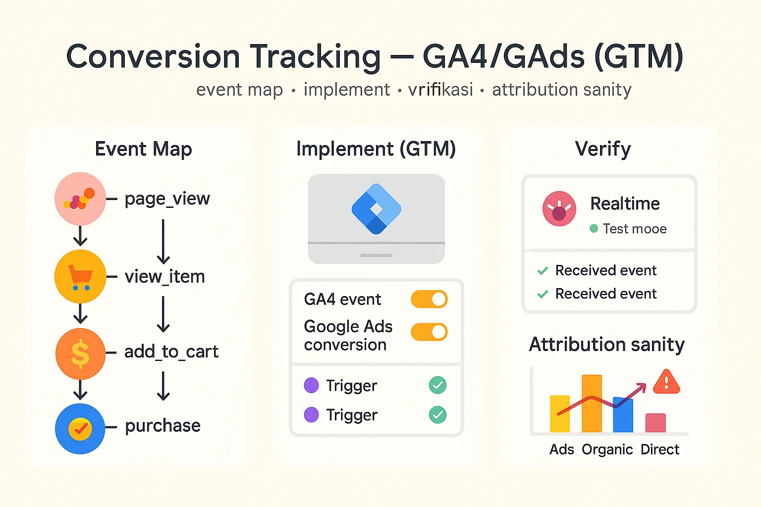 Cover layanan setup conversion tracking GA4 dengan ilustrasi event dan laporan konversi