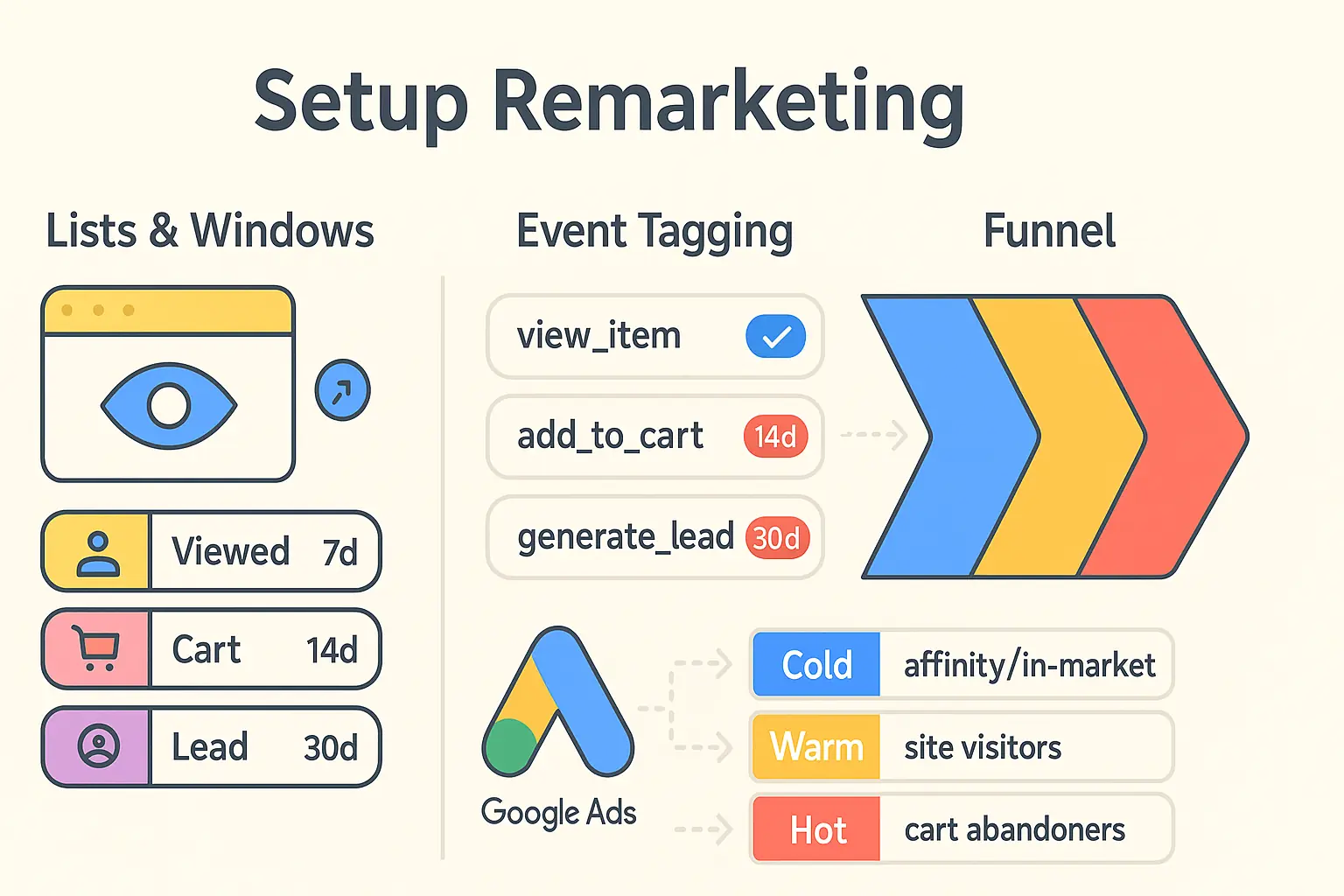 Cover layanan Jasa Setup Remarketing Google Ads dengan ilustrasi audiens kembali ke situs